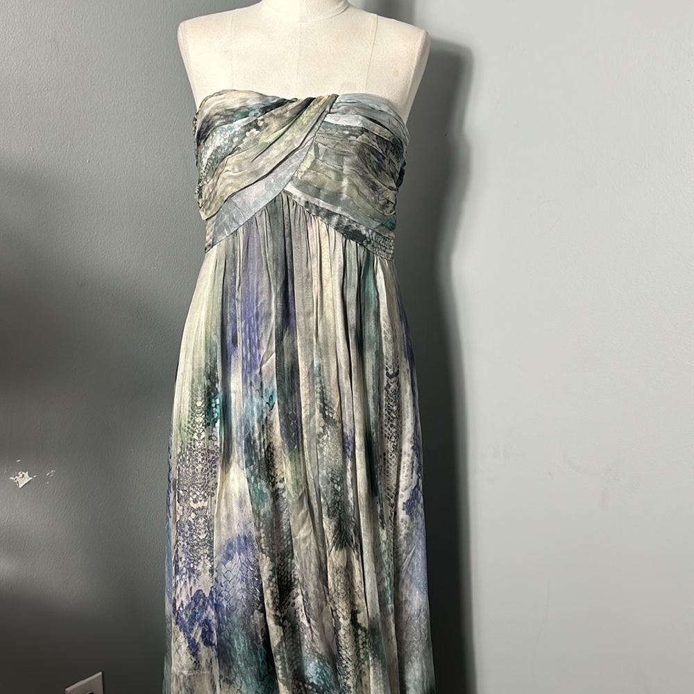 ABS Allen Schwartz Silk Print Strapless Gown with open back sz 8
